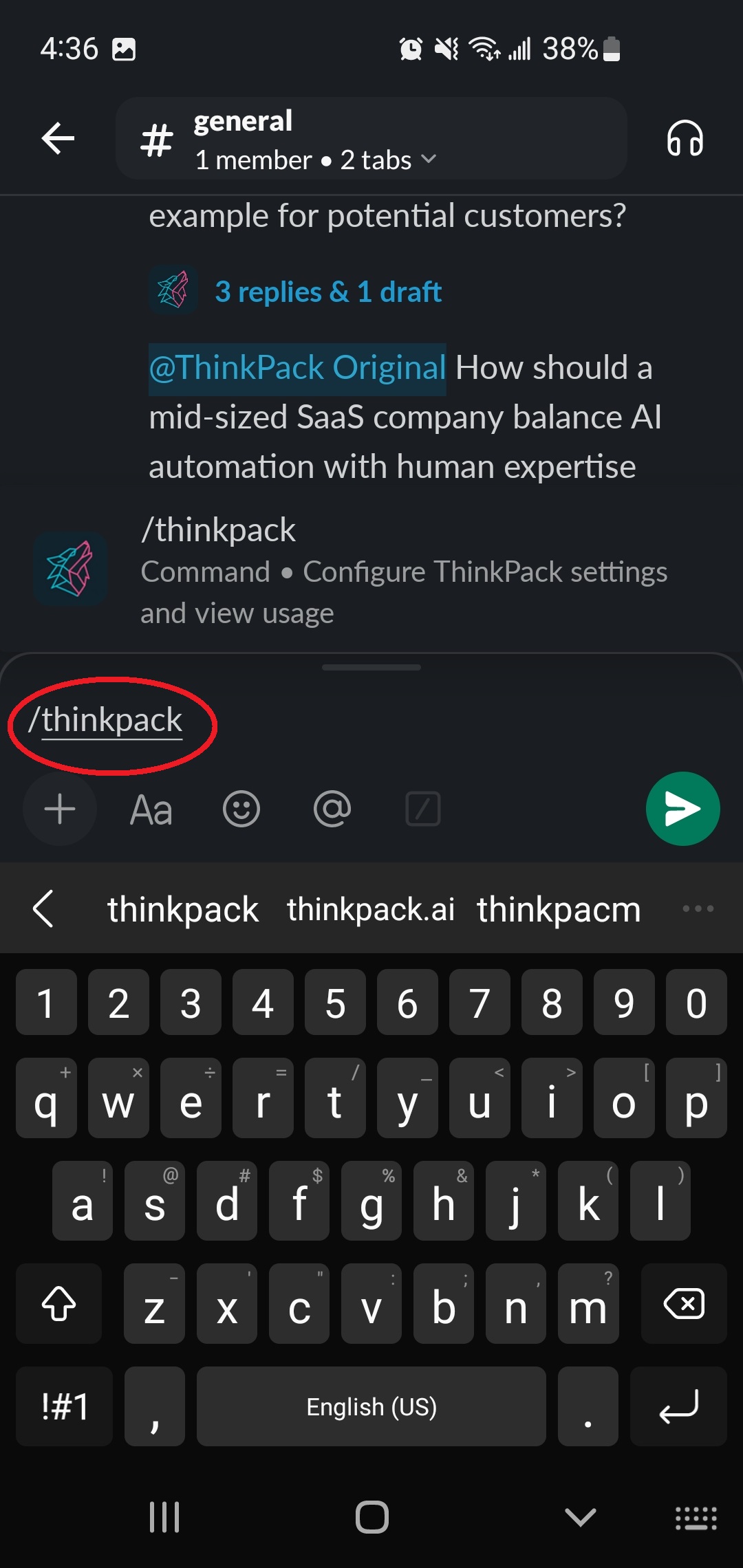 Using the /thinkpack command in Slack